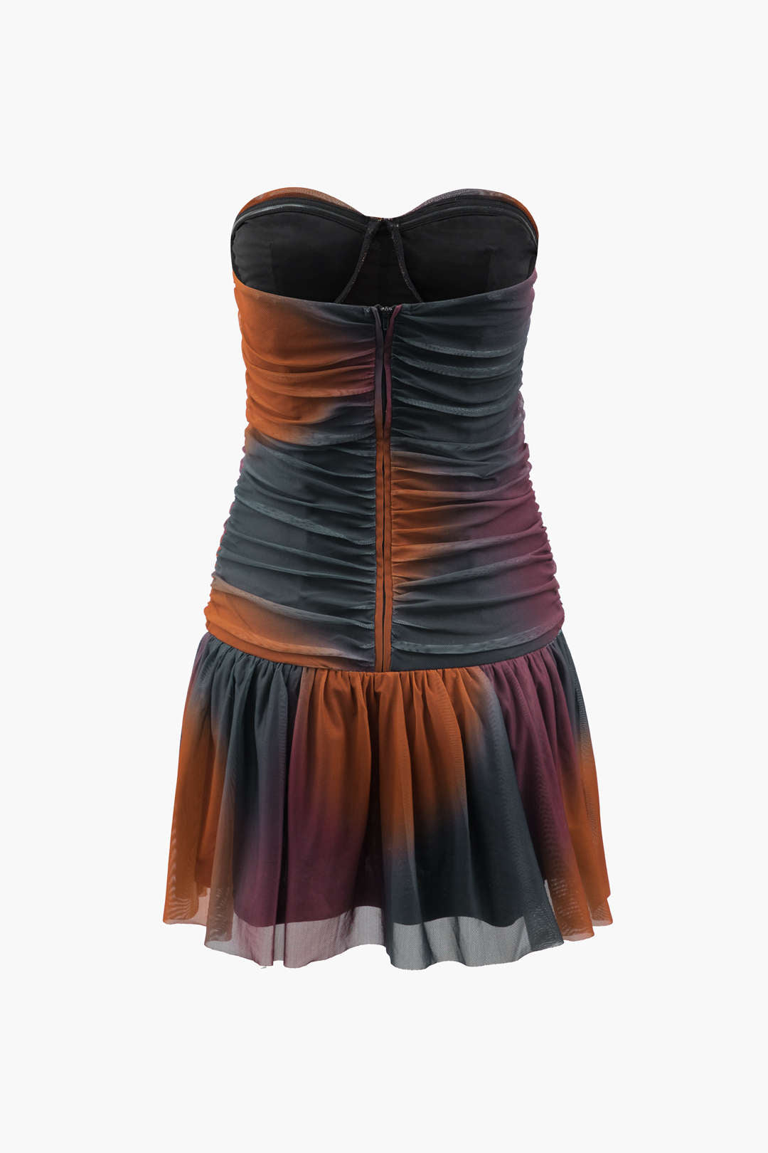 Tie Dye Mesh Ruched Strapless Mini Dress