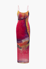 Abstract Print Mesh Maxi Dress