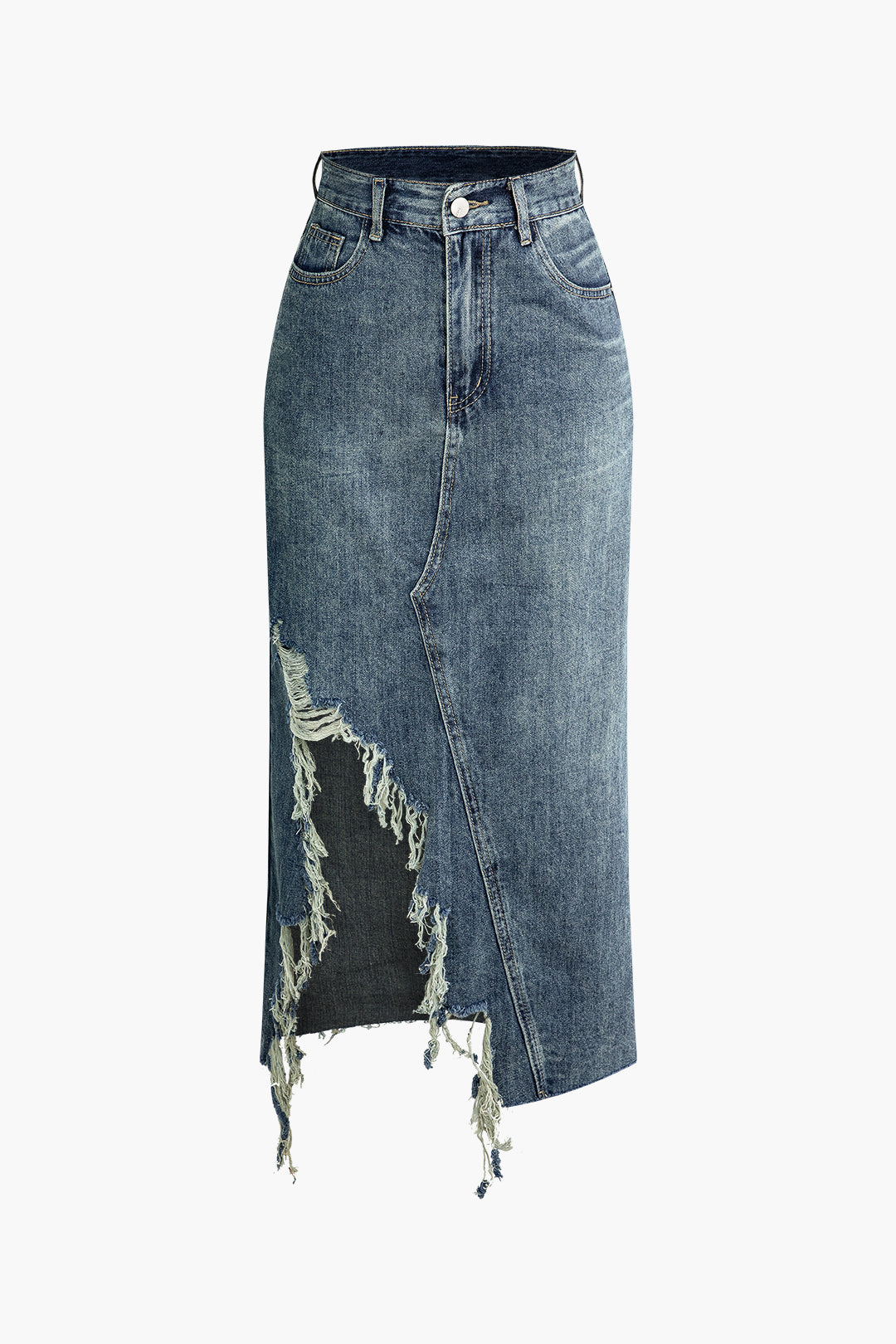 Frayed Denim Midi Skirt