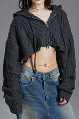 Hooded Destroyed Zip Up Cable Knit Cardigan