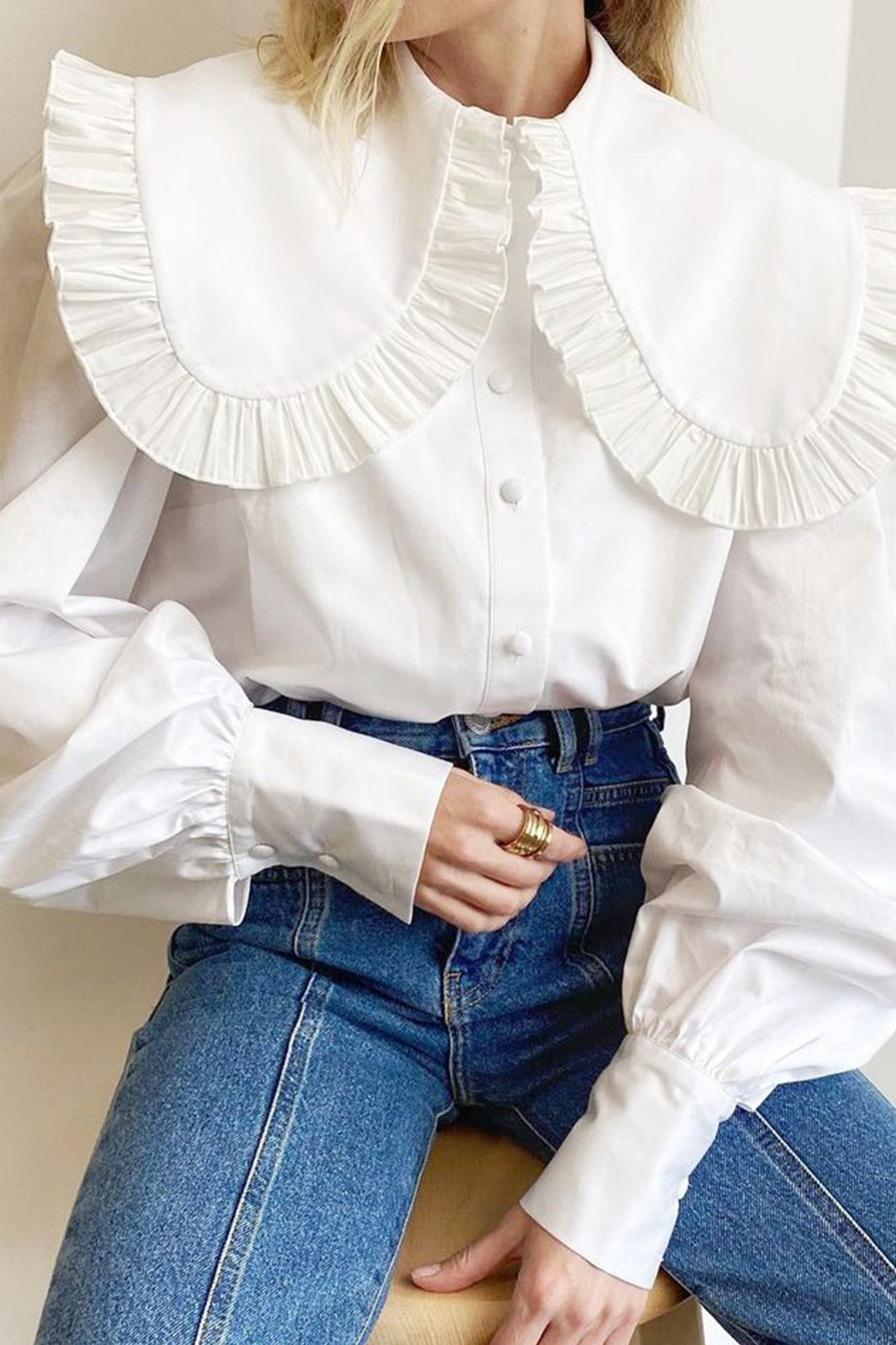 Peter Pan Ruffle Collar Button Up Long Sleeve Blouse