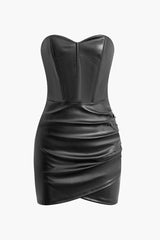 Faux Leather Asymmetric Ruched Corset Strapless Mini Dress