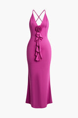 3D Flower Cross Strap Backless V-neck Ruched Maxi Dress