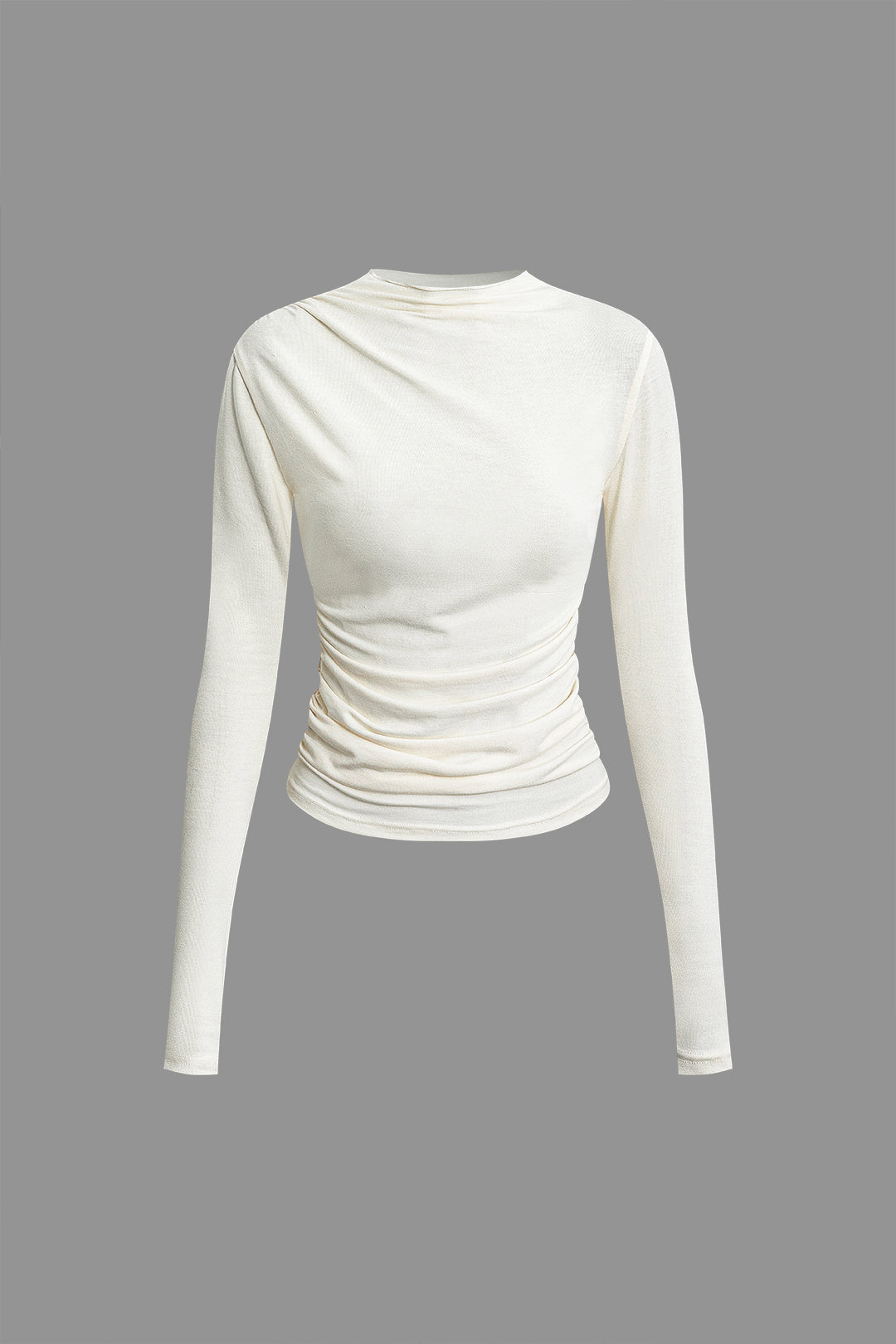 Solid Round Neck Long Sleeve Ruched Top