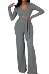 Open Collar Long Sleeve Crop Top And Tie Waist Flare Leg Pants Set