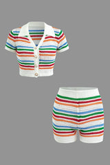 Stripe Knit Pearl Button Collar Top And Shorts Set