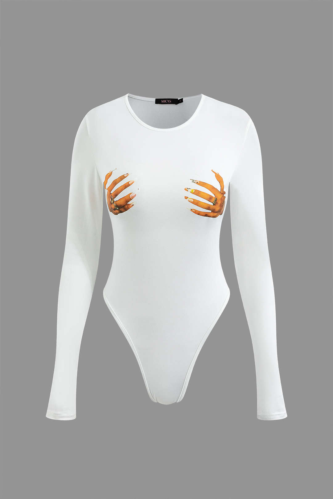 Hands Print Round Neck Long Sleeve Bodysuit