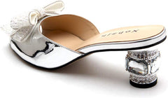 Silver Pearl Open Toe Jewel Embellished Bow Designer Shoes