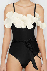 Contrast 3D Flower Adjustable Strap One-Piece Swimsuit