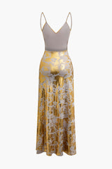 Metallic Print V-neck Backless Slip Maxi Dress