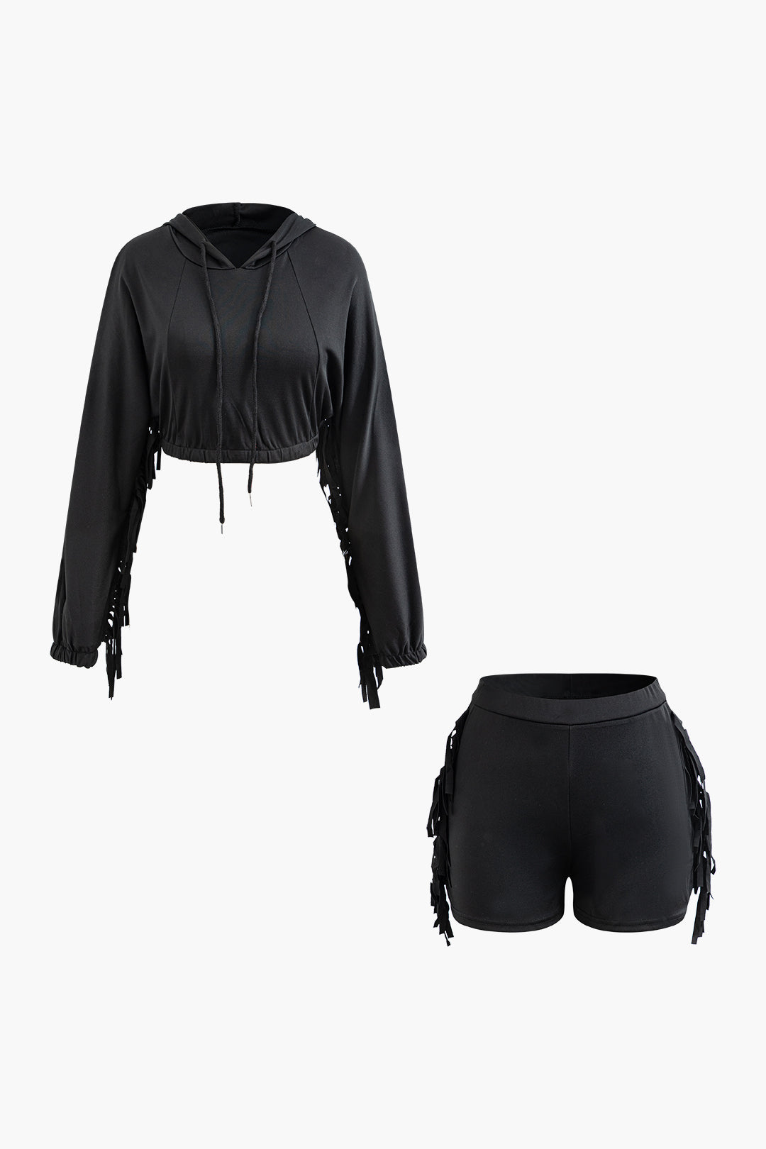 Tassel Pocket Hooded Crop Sweatshirt And Shorts Set