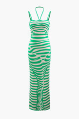 Stripe Print Rib Knit Halter Maxi Dress