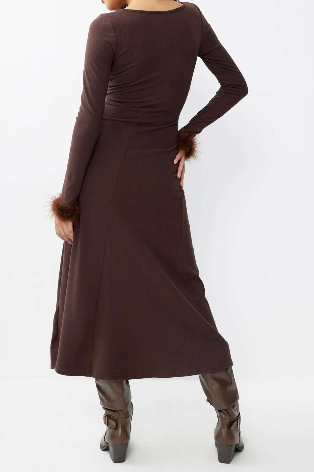 Faux Fur Trim Wrap Ruched Pleated Midi Dress