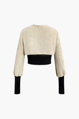 V-neck Fleece Patchwork Zipper Crop Jacket