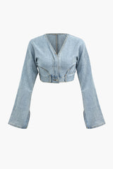 Frayed Destroyed V-neck Crop Denim Coat