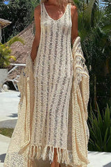 Distressed Ladder Fringe Hem V-neck Sleeveless Knit Maxi Dress