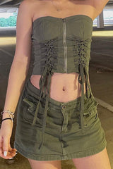 Cargo Lace-up Front Zipper Tube Top