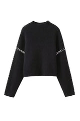 Contrast Whipstitching Turtleneck Long Sleeve Sweater