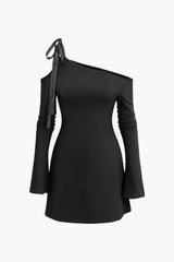 Asymmetrical Tie Bell Sleeve Mini Dress