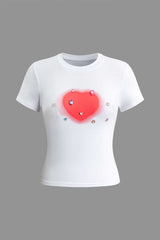 Rhinestone Embellished Heart Pattern T-shirt