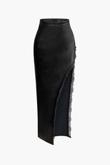 Faux Leather High Waist Lace Trim Slit Skirt