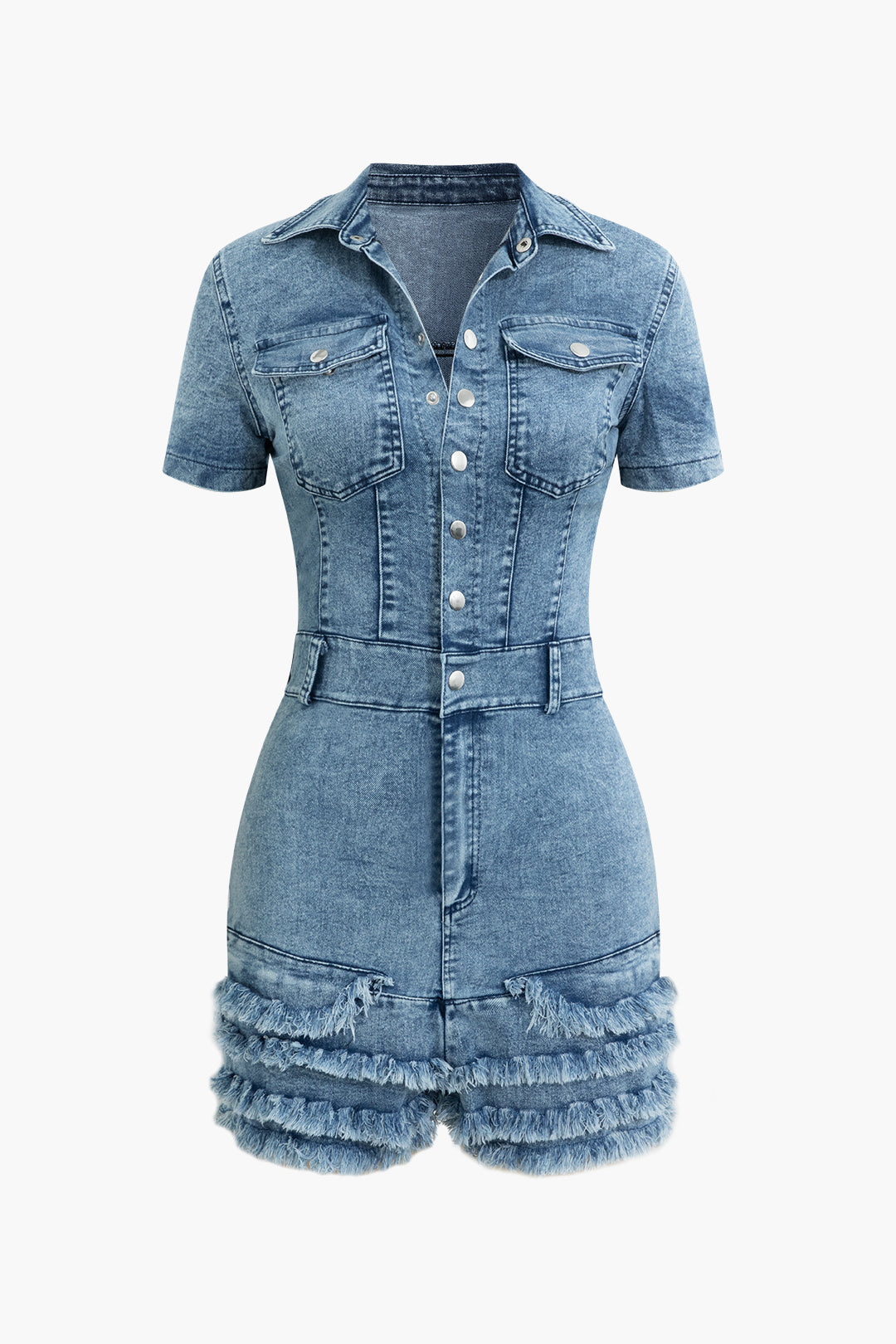 Fringe Flap Pocket Denim Romper