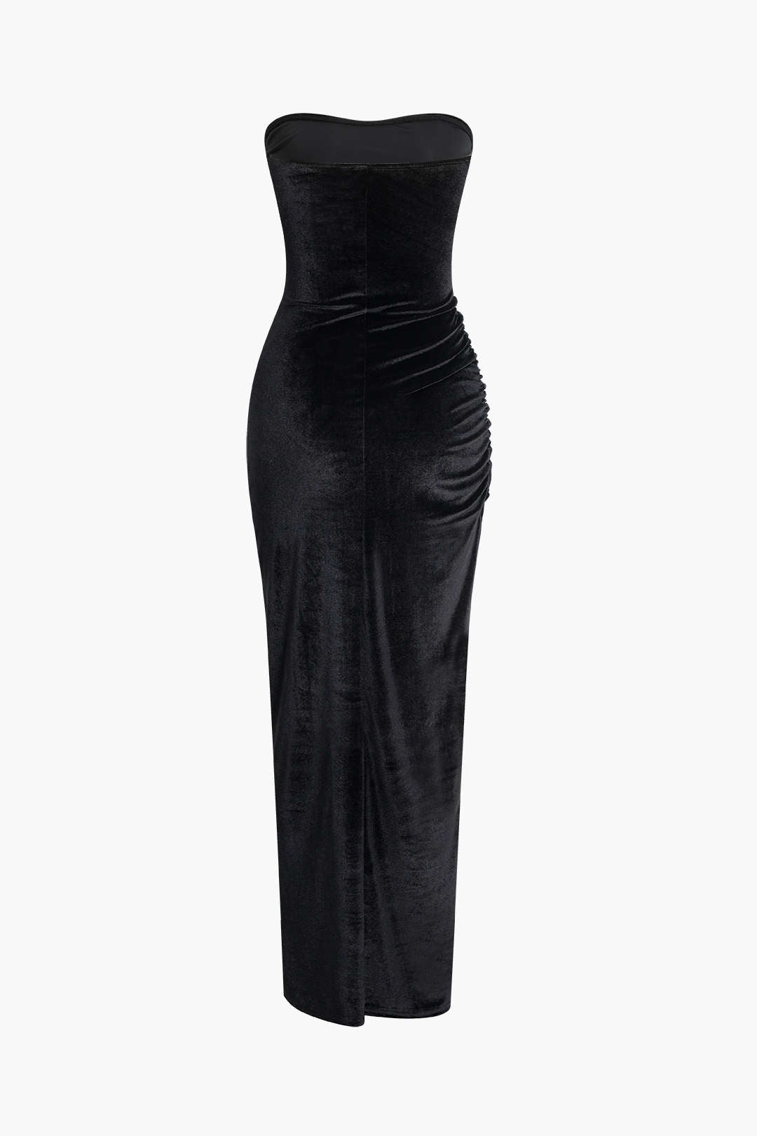 Velvet Ruched Slit Strapless Maxi Dress