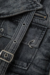 Notched Lapel Belt Flap Pocket Denim Vest