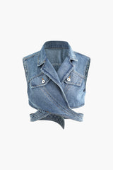 Notched Lapel Cross Hem Denim Vest