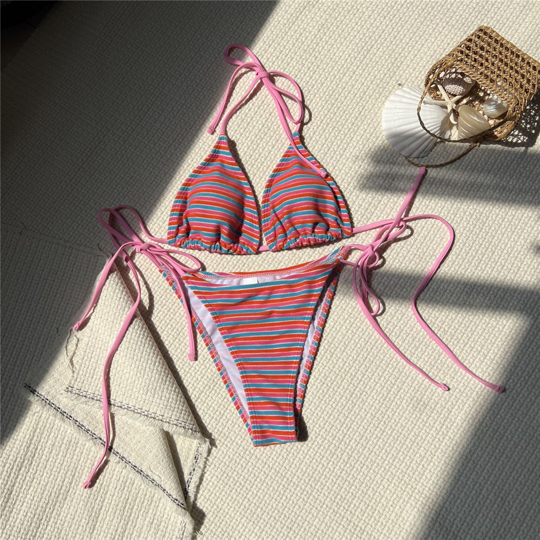 Beth Striped Halter High Leg Cut Bikini