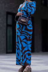 Contrast Pattern Round Neck Knit Maxi Dress