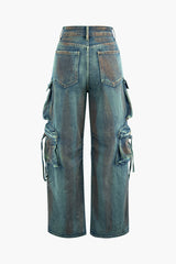 Stained Multi Flap Pocket Straight Leg Cargo Jeans