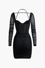 Ruched Tie Halter Mesh Bustier Mini Dress