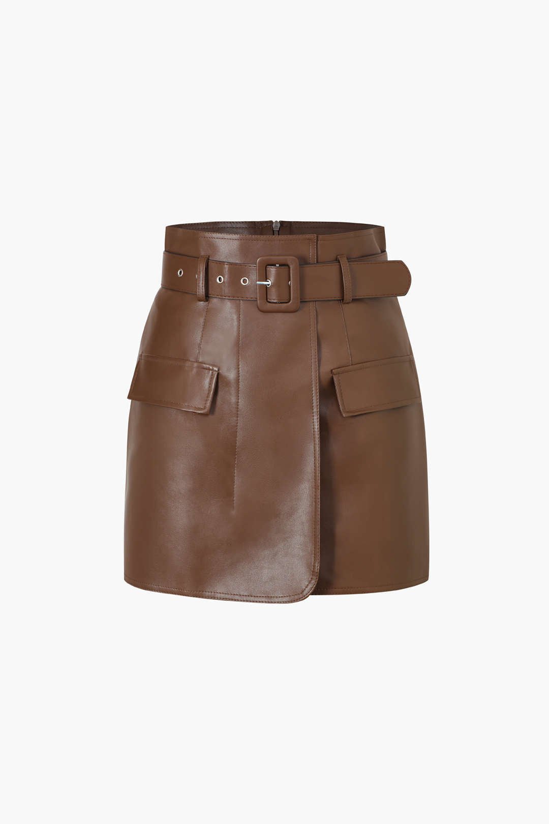 Faux Leather A-line Mini Skirt With Belt