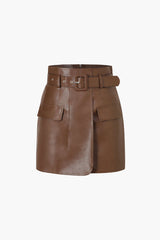 Faux Leather A-line Mini Skirt With Belt