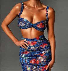 Alyssa Strapless Ruched Print Sexy Top And Skirt Set