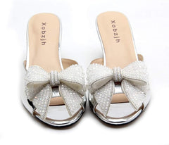 Silver Pearl Open Toe Jewel Embellished Bow Designer Shoes