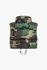 Camo Drawstring Zipper Stand Collar Vest