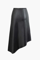 Faux Leather Button Decor Asymmetric Midi Skirt