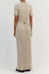 Round Neck Tie Waist Rib Knit Maxi Dress