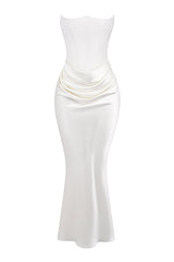 Luxe Satin White Draped Maxi Dress