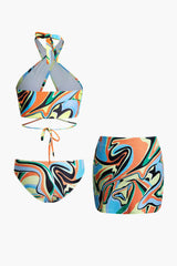 Swirl Print Cross Halter Bikini And Cover Up Skirt 3-Piece Set