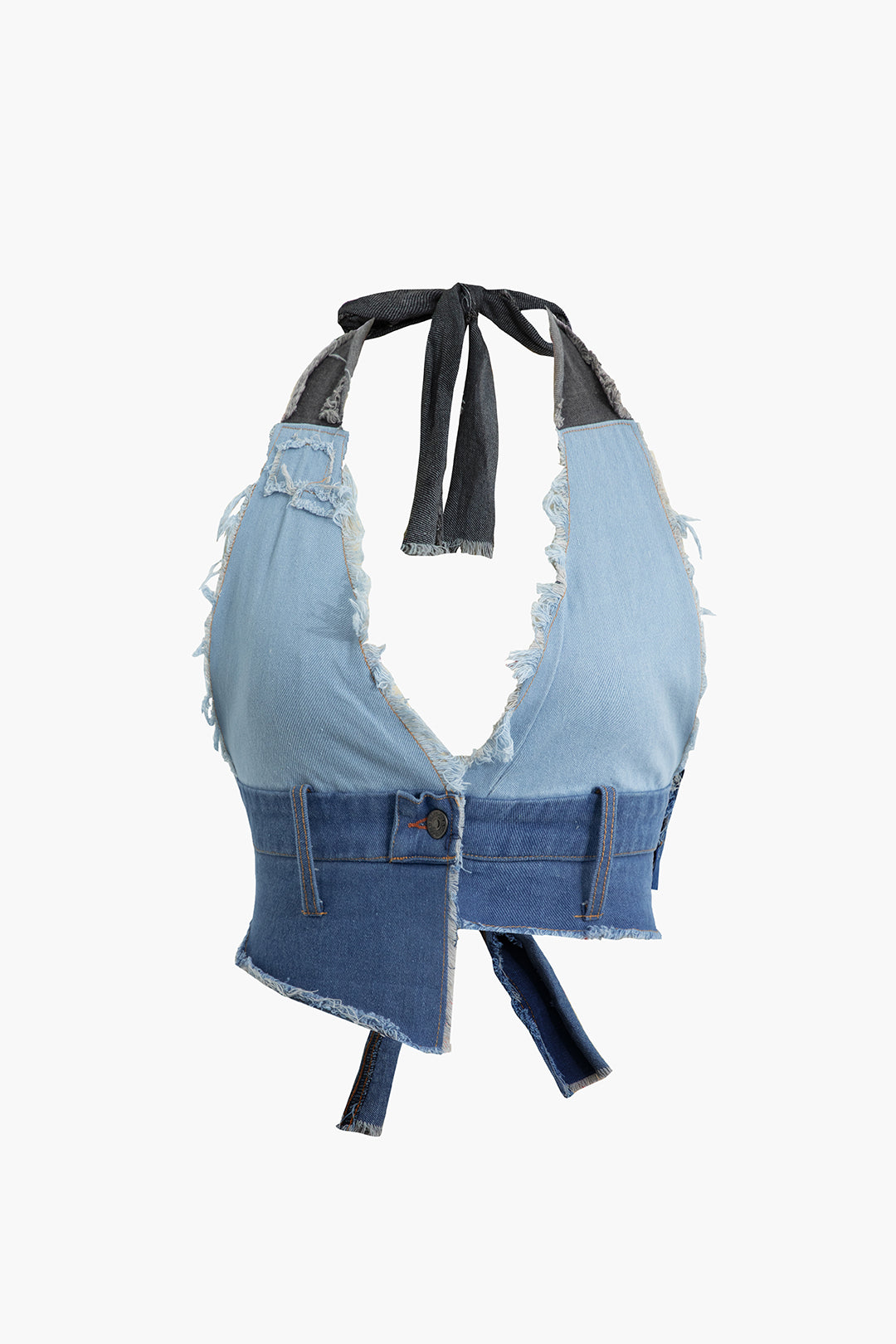 Contrast Frayed Tie Halter Denim Vest