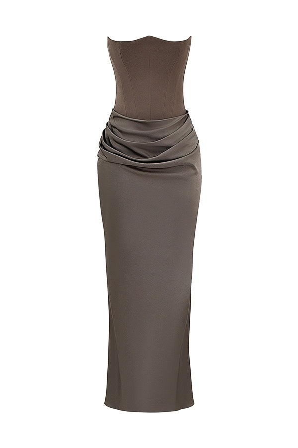 Luxe Satin Gray Draped Maxi Dress