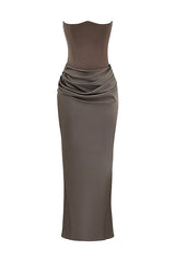 Luxe Satin Gray Draped Maxi Dress