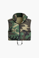 Camo Drawstring Zipper Stand Collar Vest