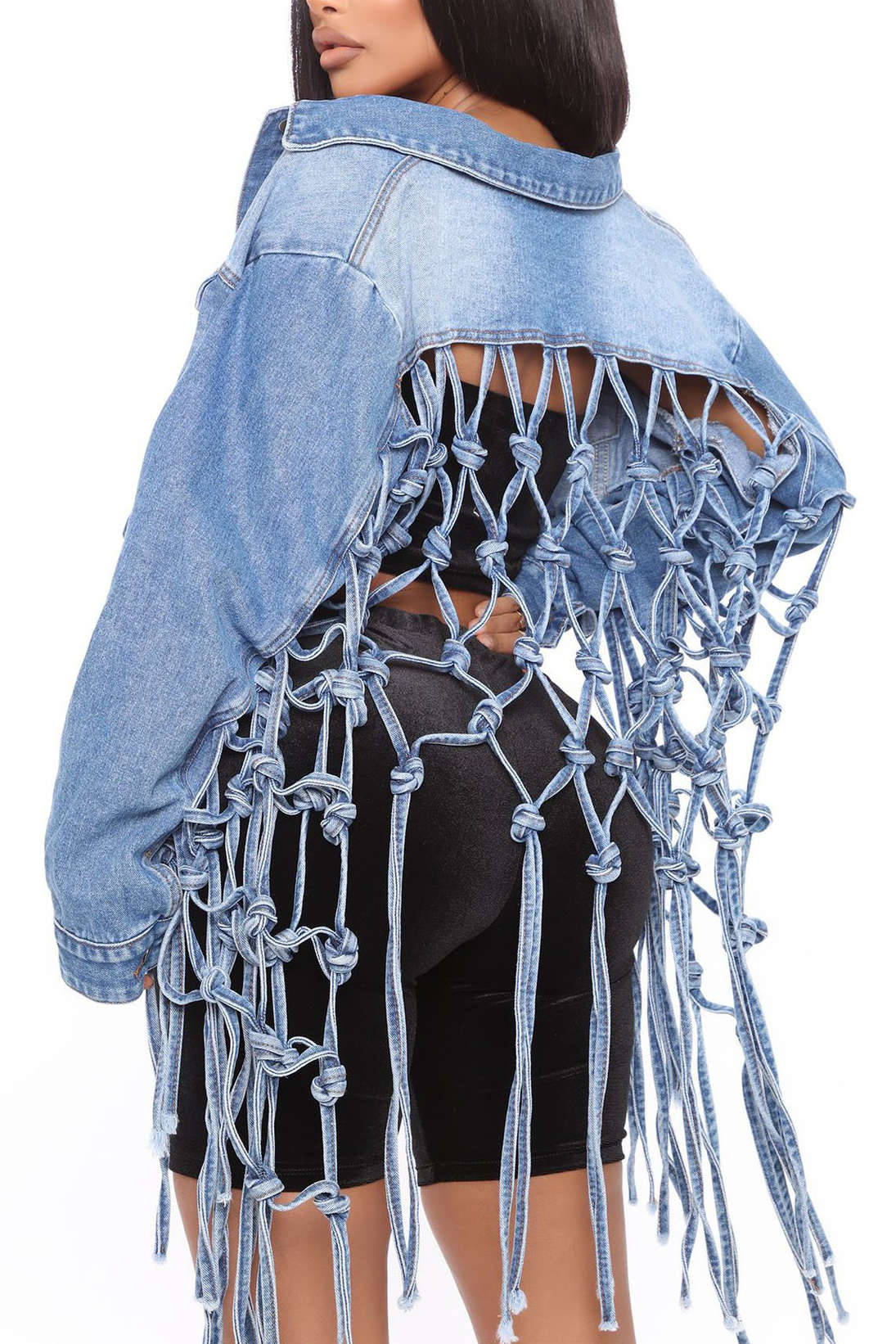 Braided Tassel Faded Denim Jacket