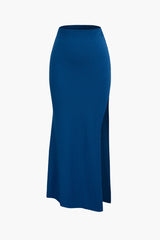 Ribbed Knot Front Blouse And Slit Skirt Set