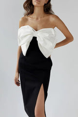 Bow Tie Front Contrast Slit Strapless Midi Dress