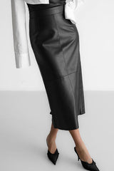 Faux Leather High Waist Split Midi Skirt